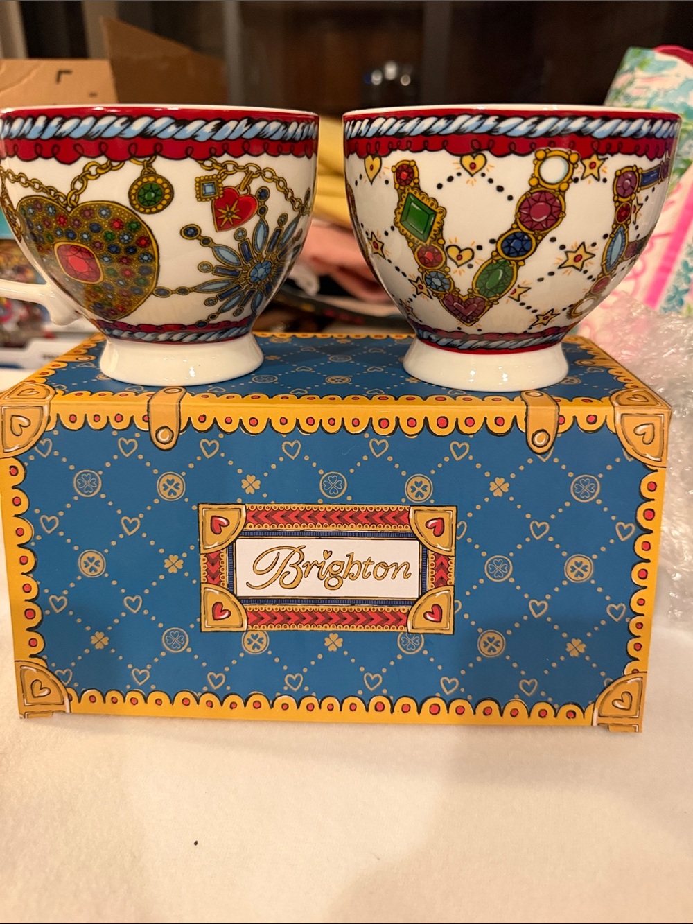Brighton Jeweled Ceramic cups mugs set box vintage and collectible